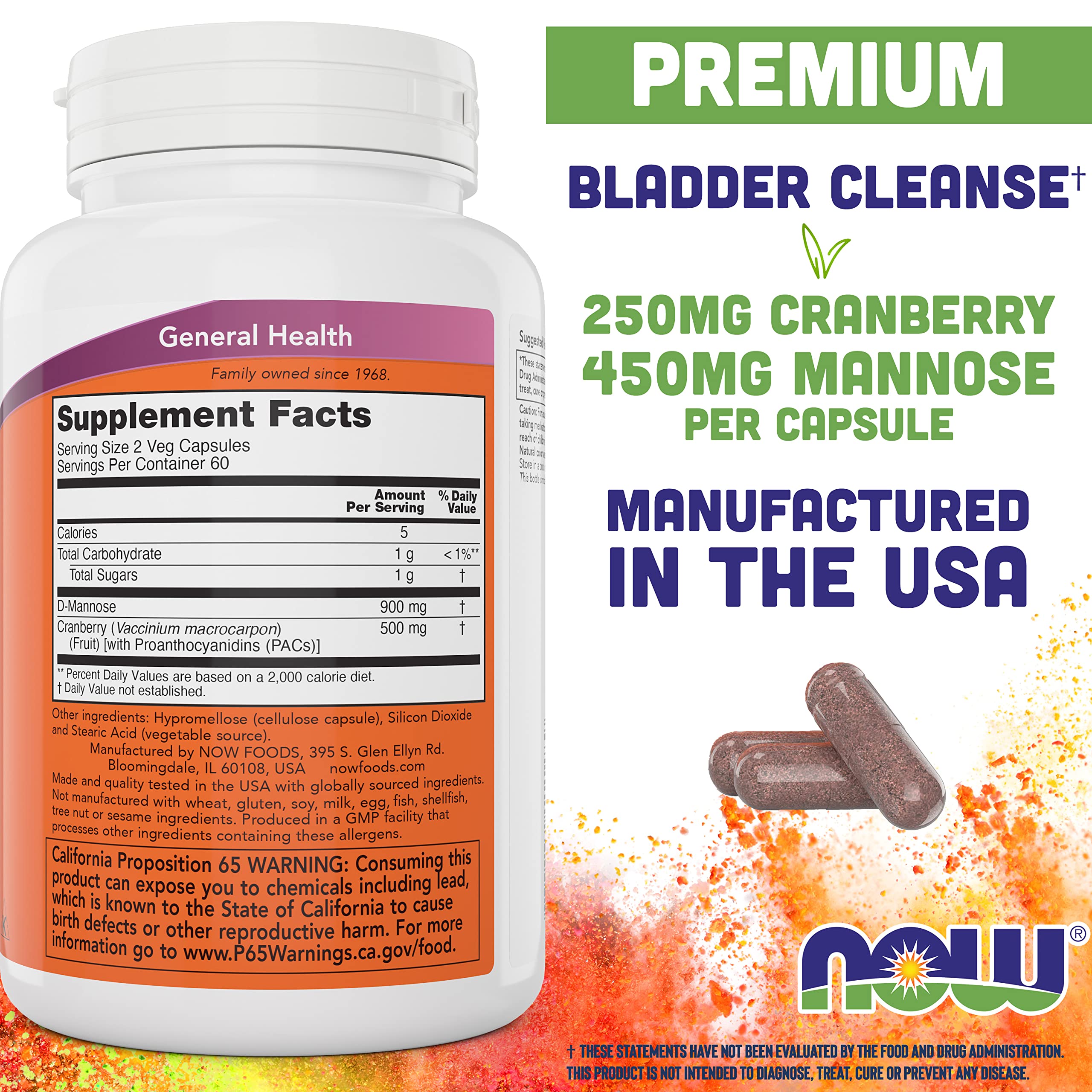 Nutrition per serving: 900 mg d-Mannose and 500 mg Cranberry per 2 capsules