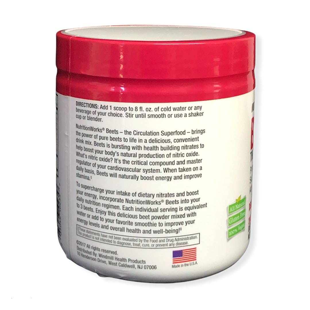 Nutrition Works Beets Superfood Powder scoop-dispense highlights easy mix and fiber per serving.