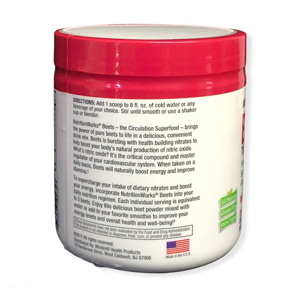 Nutrition Works Beets Superfood Powder scoop-dispense highlights easy mix and fiber per serving.