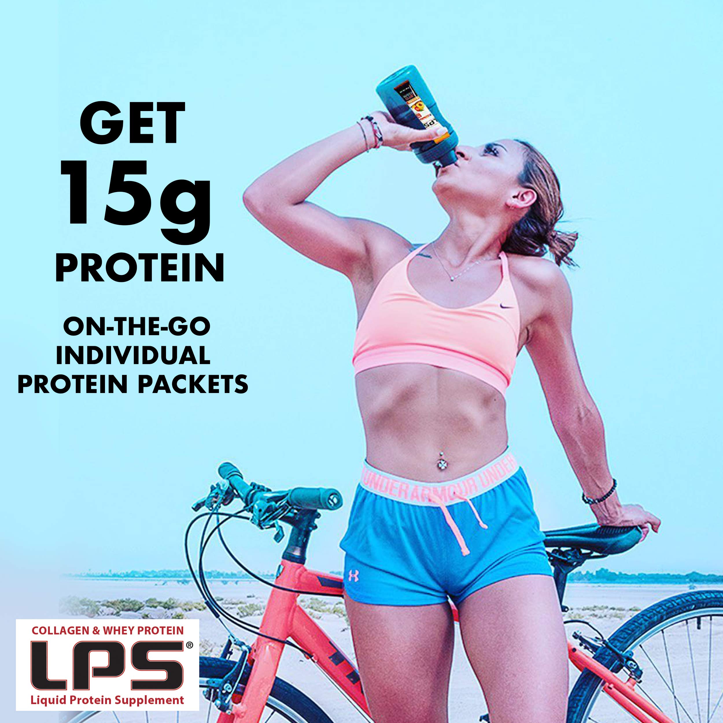 Nutritional Designs LPS liquid collagen-whey hands-holding conveys portable protein after workouts.