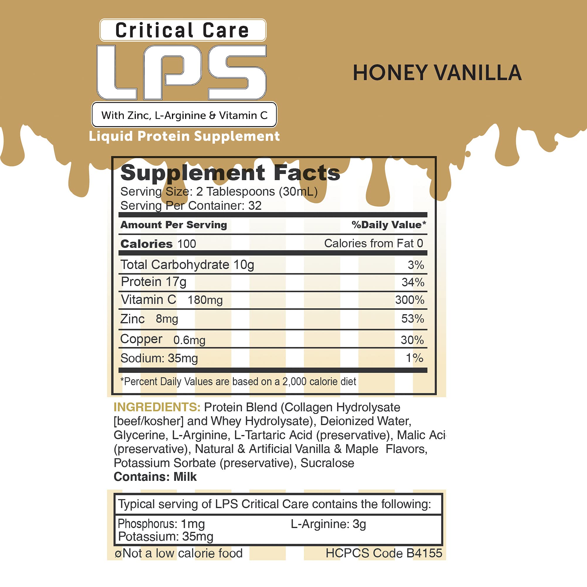 Close-up of LPS Liquid Collagen & Whey Protein Honey Vanilla nutrition label