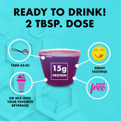 Nutritional Designs LPS liquid collagen-whey packet closeup highlighting ready-to-drink convenience.