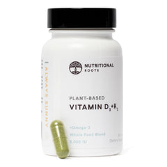 Bottle of Nutritional Roots Vitamin D3 + K2 with probiotics and algal Omega-3 DHA