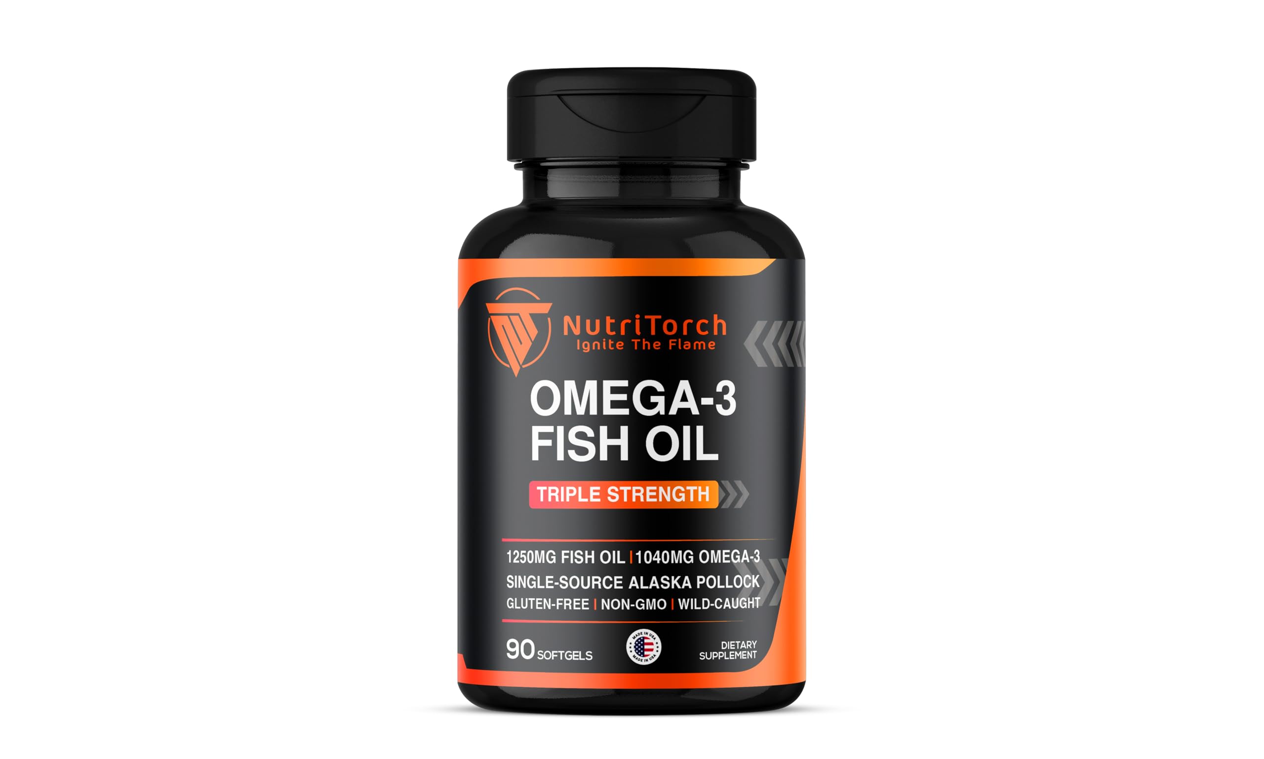 NutriTorch Omega-3 Fish Oil bottle label showing 1250mg per softgel