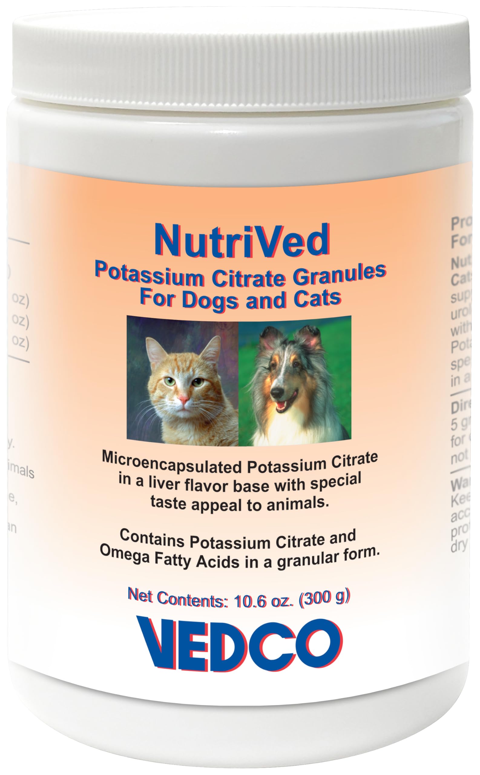 NutriVed Potassium Citrate Granules 300g bottle, liver-flavored formula for dogs and cats, urinary health support.
