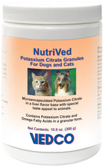 NutriVed Potassium Citrate Granules 300g bottle, liver-flavored formula for dogs and cats, urinary health support.