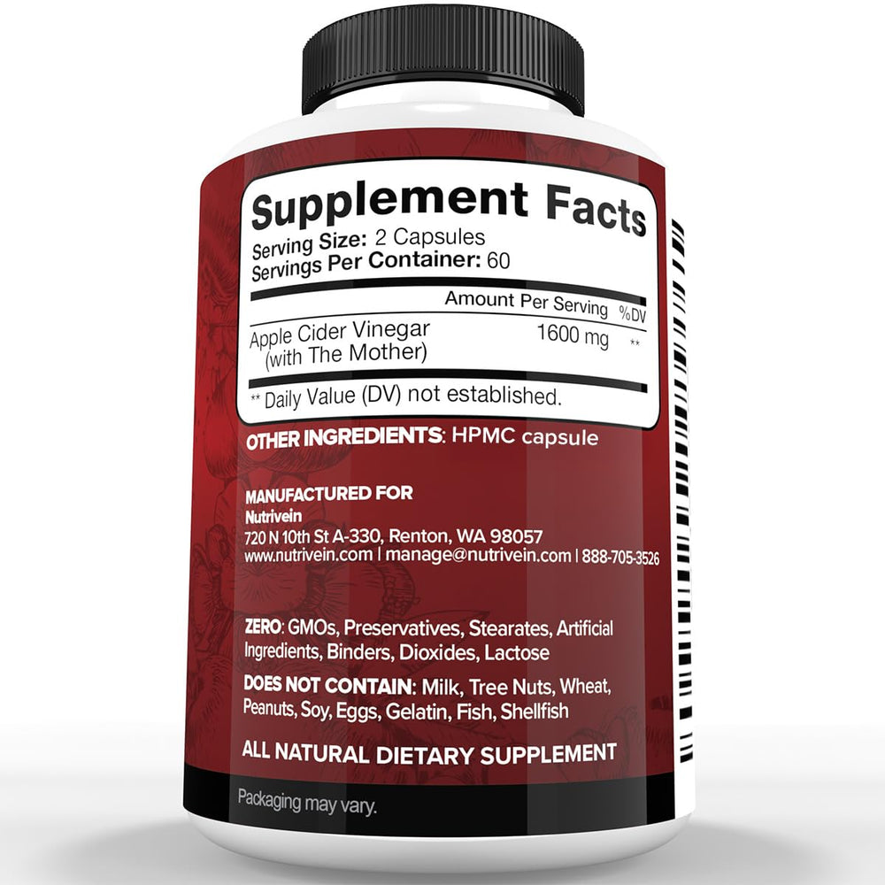 Close-up of ACV capsules showing 1600 mg per serving