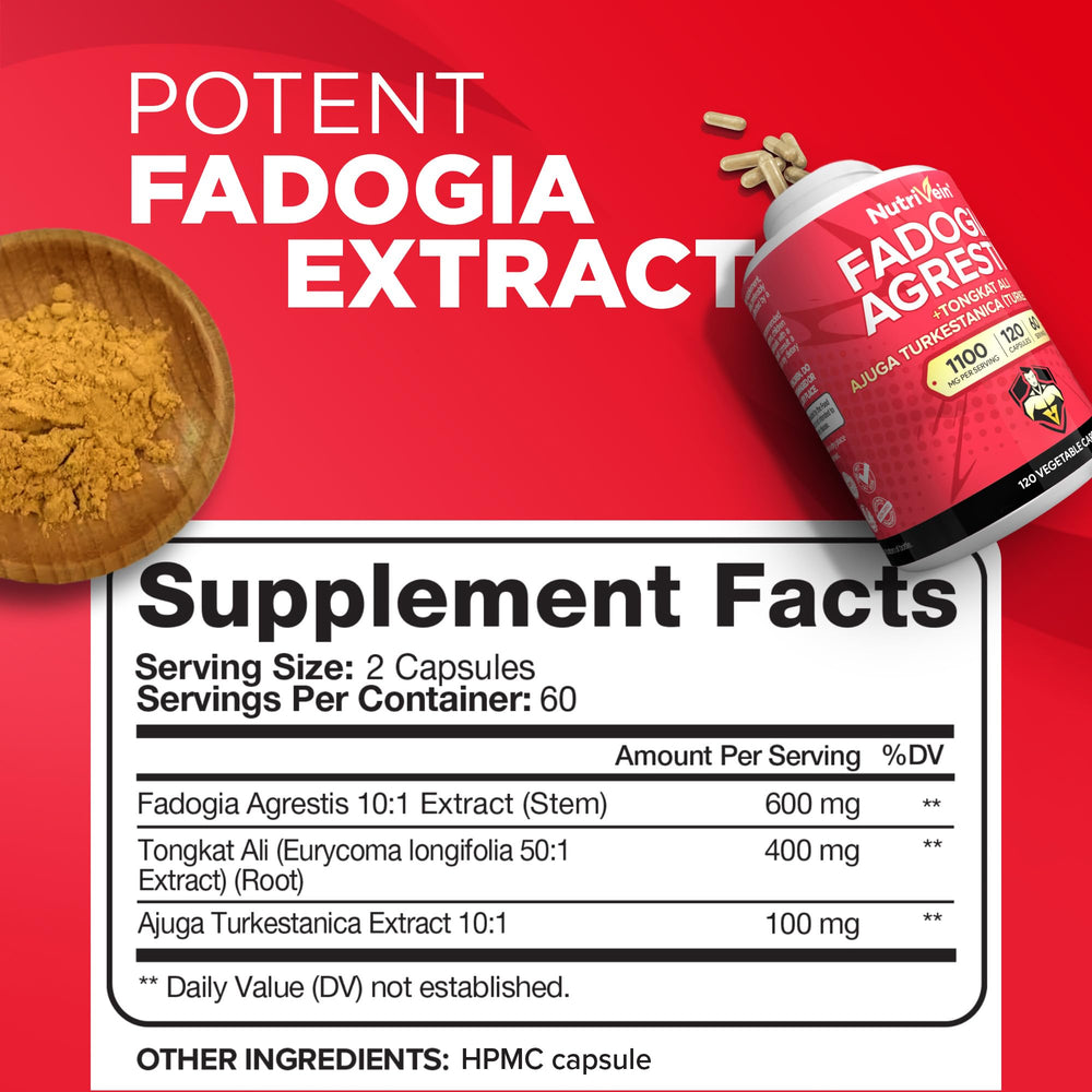 Product label for Nutrivein Fadogia Agrestis Tongkat Ali Turkesterone supplement