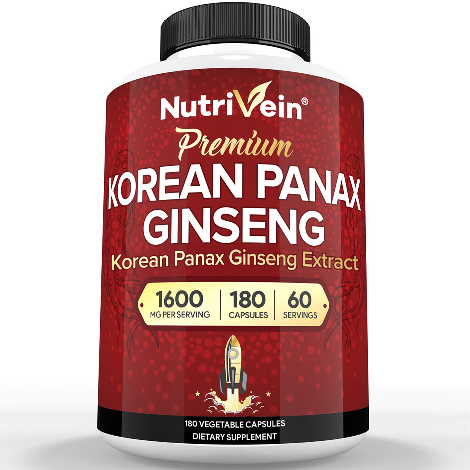 Front view of Nutrivein Korean Red Panax Ginseng 1600mg bottle