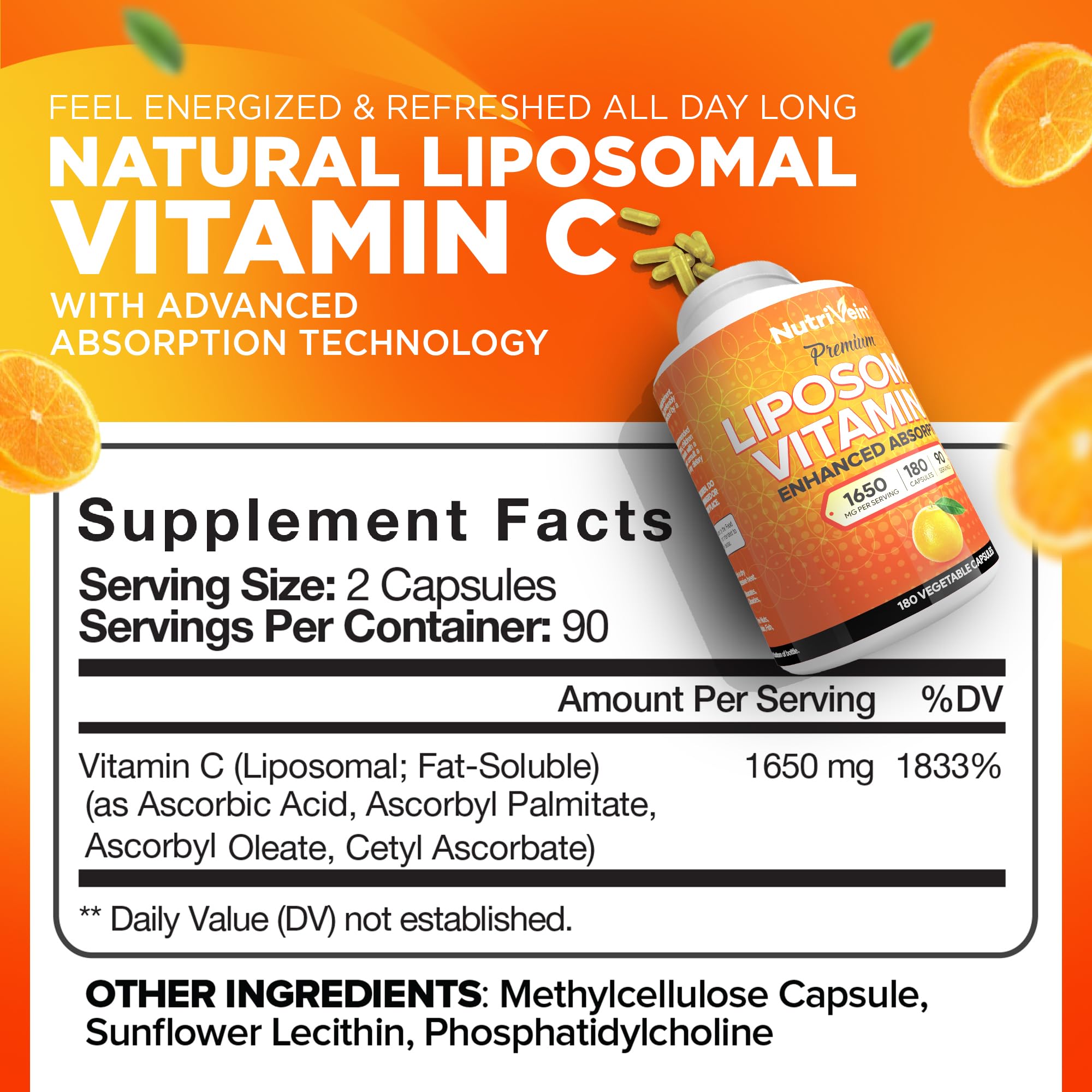 Close-up of Nutrivein Liposomal Vitamin C 1650mg bottle label