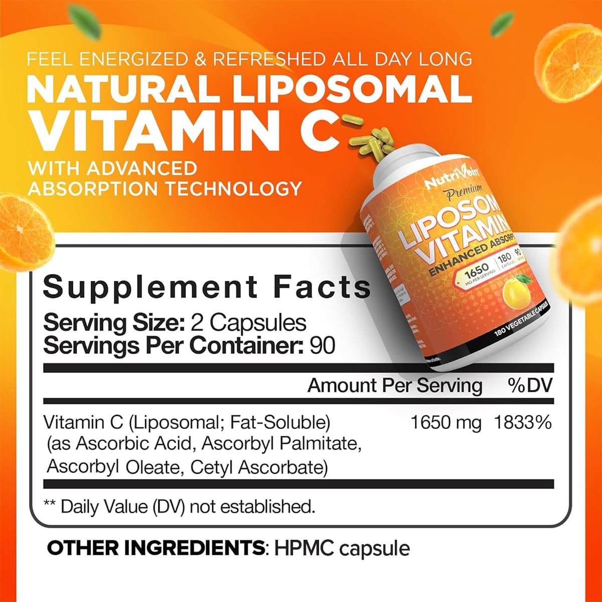 Nutrivein vitamin C 1650mg capsules close-up highlighting easy-to-swallow form.