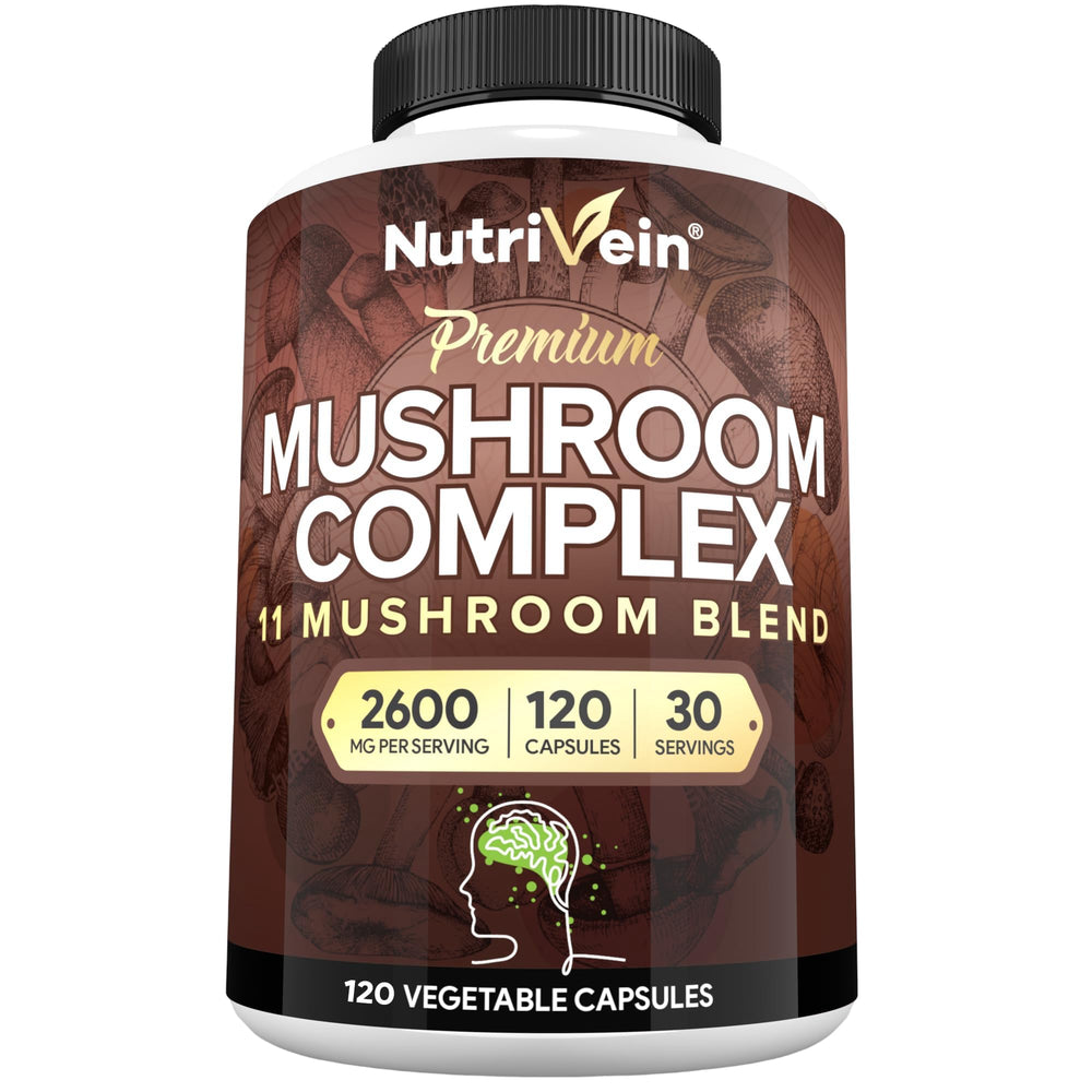 Bottle of Nutrivein Premium Mushroom Supplement 2600 mg with 120 vegan capsules