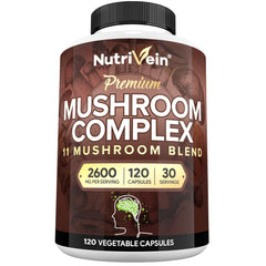 Bottle of Nutrivein Premium Mushroom Supplement 2600 mg with 120 vegan capsules