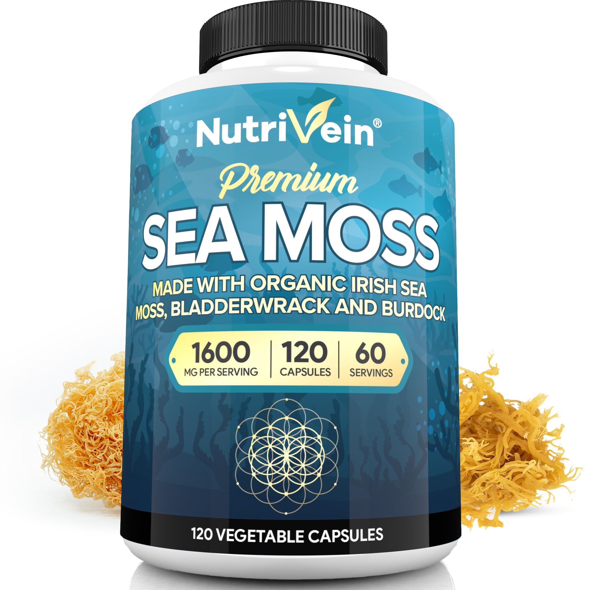 Nutrivein Organic Sea Moss 1600mg bottle and capsules label