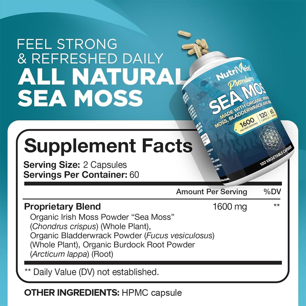 Close-up of Nutrivein Sea Moss 1600mg ingredients