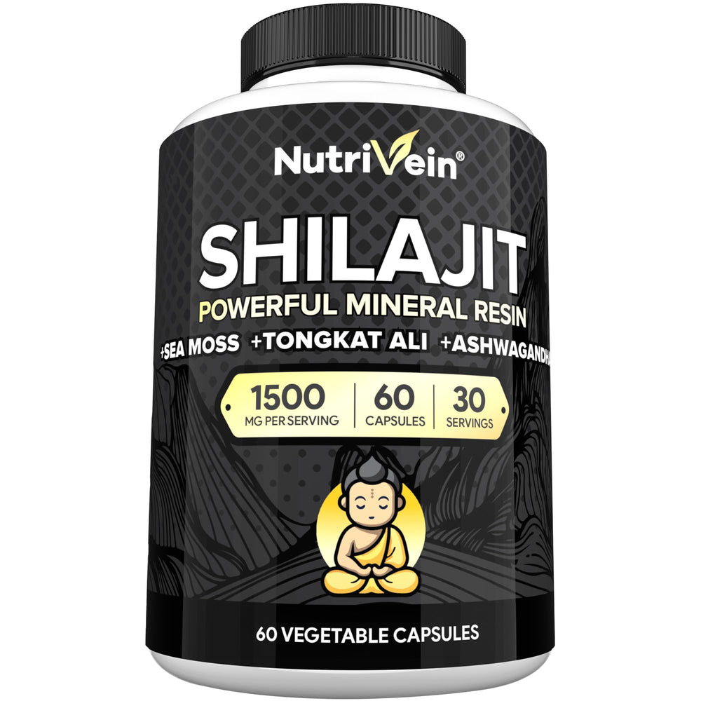 Nutrivein Shilajit bottle pour shows resin blend for daily energy support.