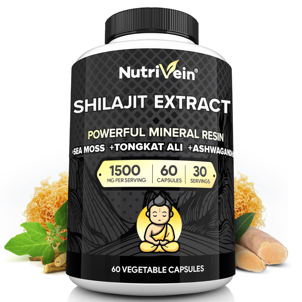 Nutrivein Shilajit bottle pour shows resin blend for daily energy support.