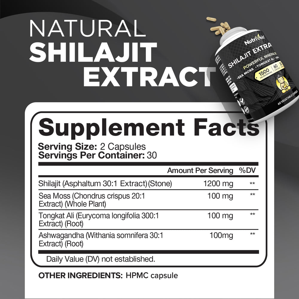 Nutrivein Shilajit capsules front for consistent energy and stamina.