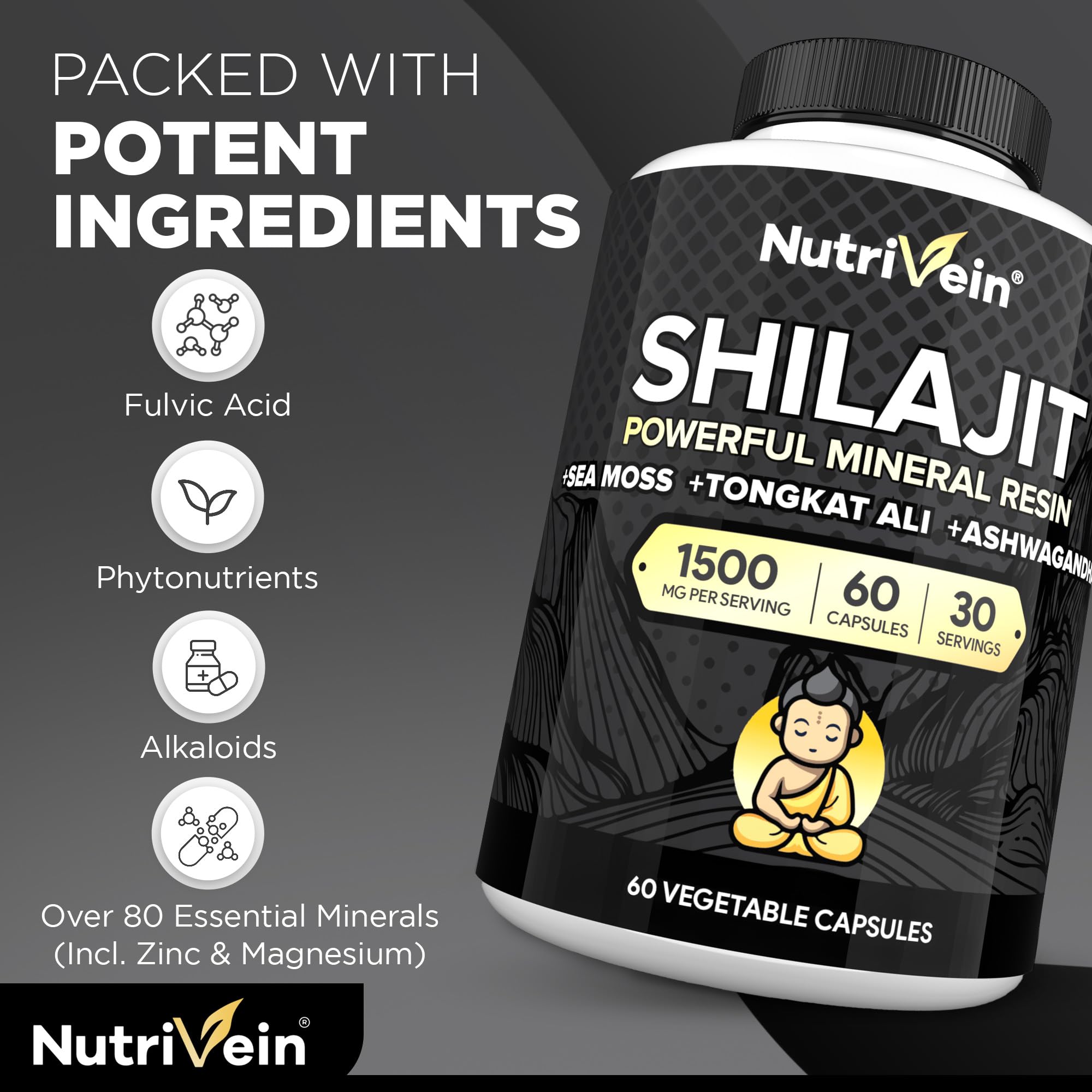 Nutrivein Tongkat Ali bottle emphasizes natural adaptogen support for vitality and focus.
