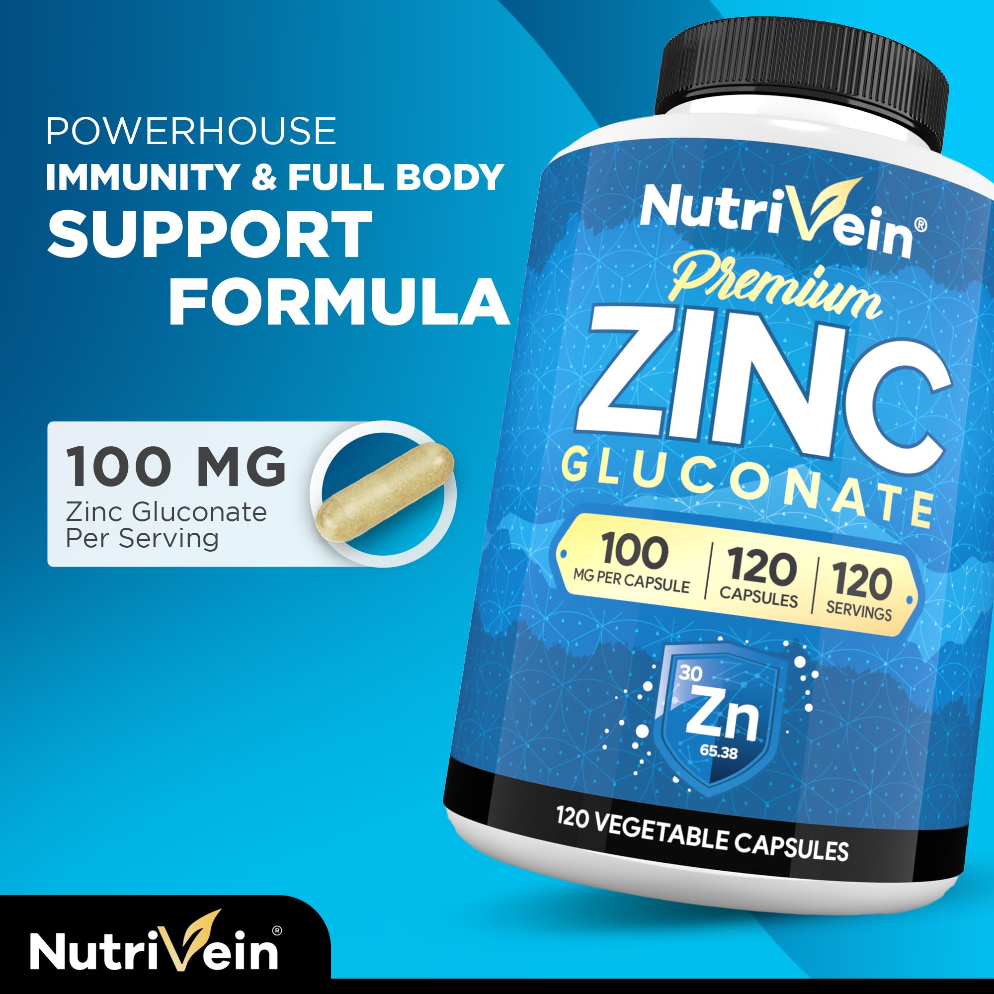 Nutrivein Zinc Gluconate 100mg bottle with label and supplement facts