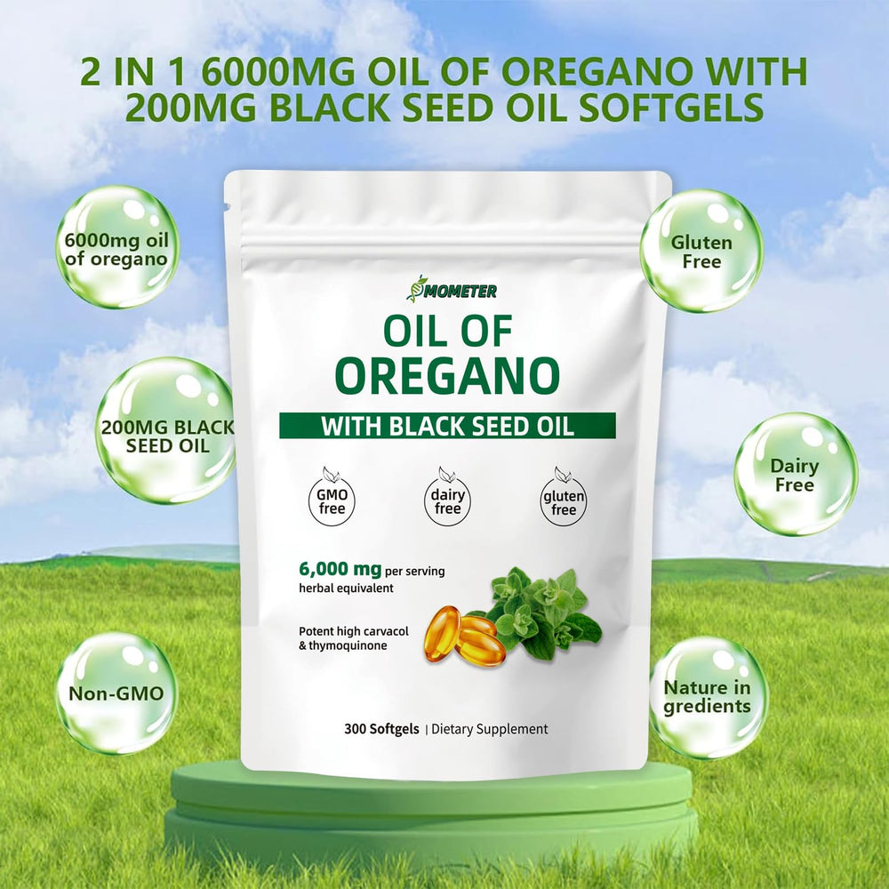 Close-up of Nutrivora oregano and black seed oil softgels