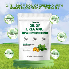 Close-up of Nutrivora oregano and black seed oil softgels