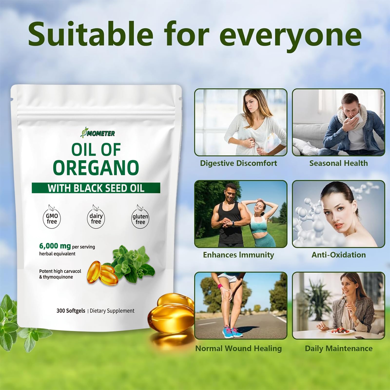 300-count bottle of Nutrivora oregano and black seed oil capsules