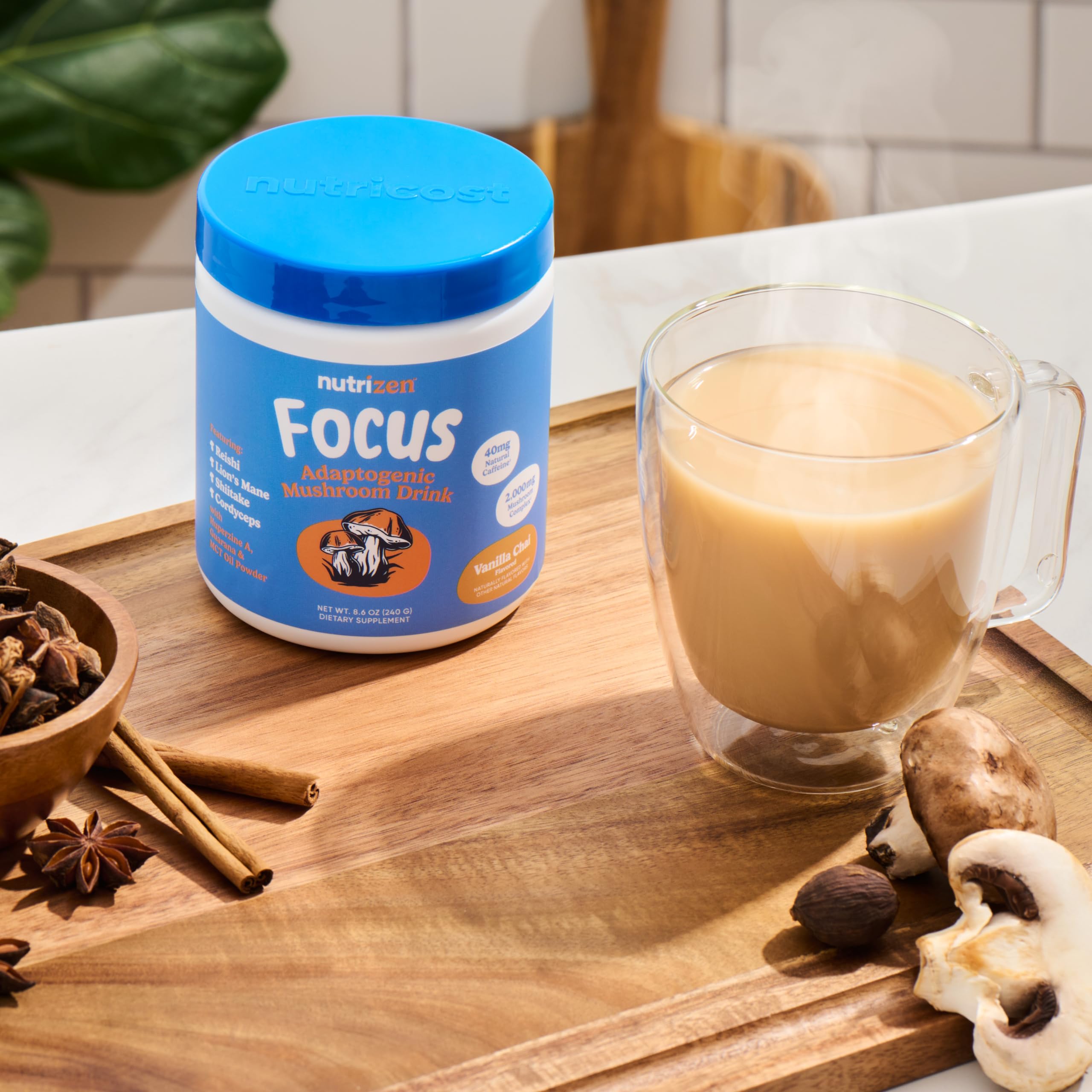 Ingredient list highlighting Reishi, Lion's Mane, Shiitake, and Cordyceps mushrooms