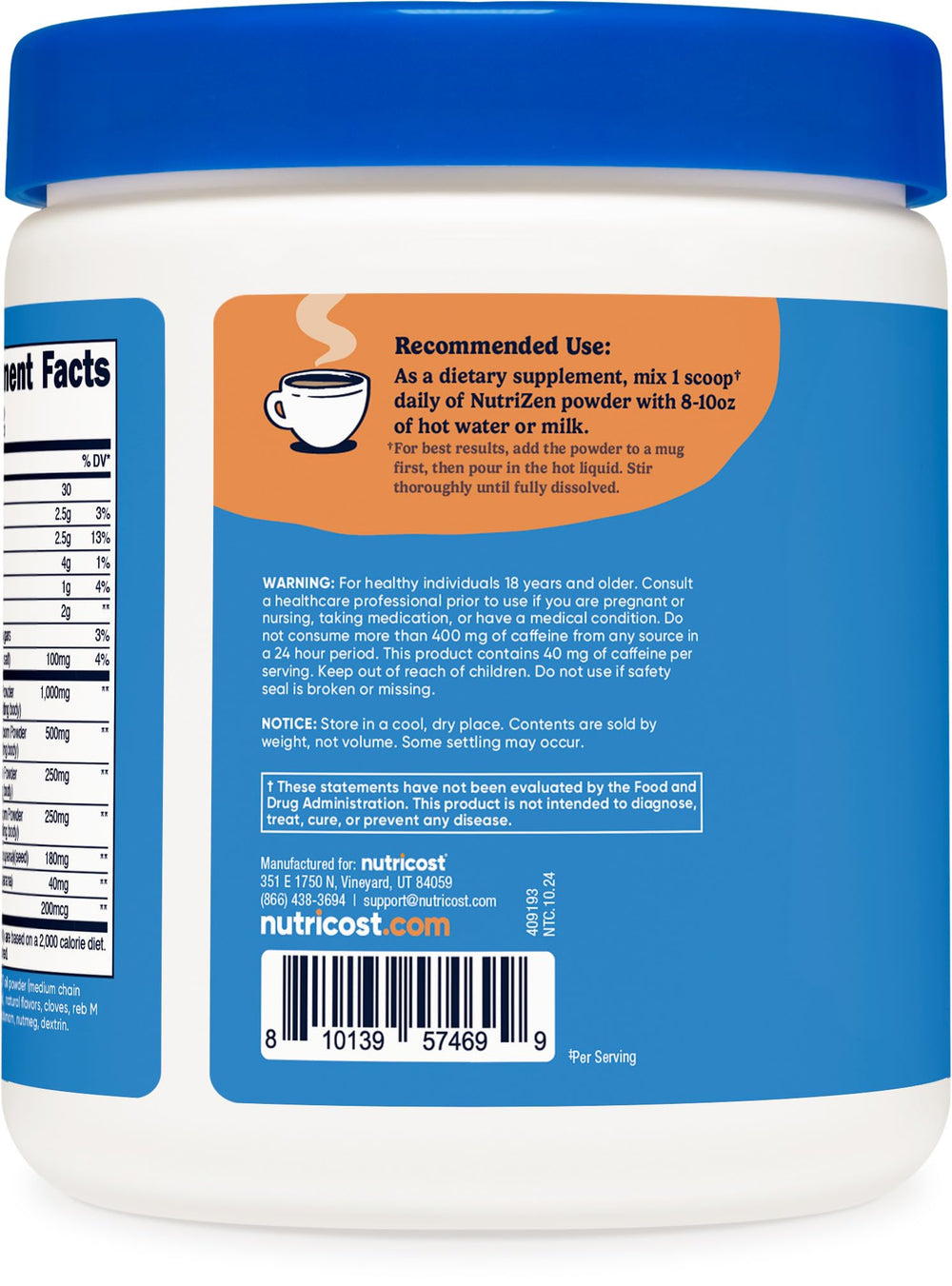 Serving cup displaying the Vanilla Chai flavored Nutrizen AM Focus drink with caffeine