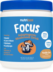 Bottle of Nutricost Nutrizen AM Focus Adaptogenic Mushroom Drink Vanilla Chai with 30 servings