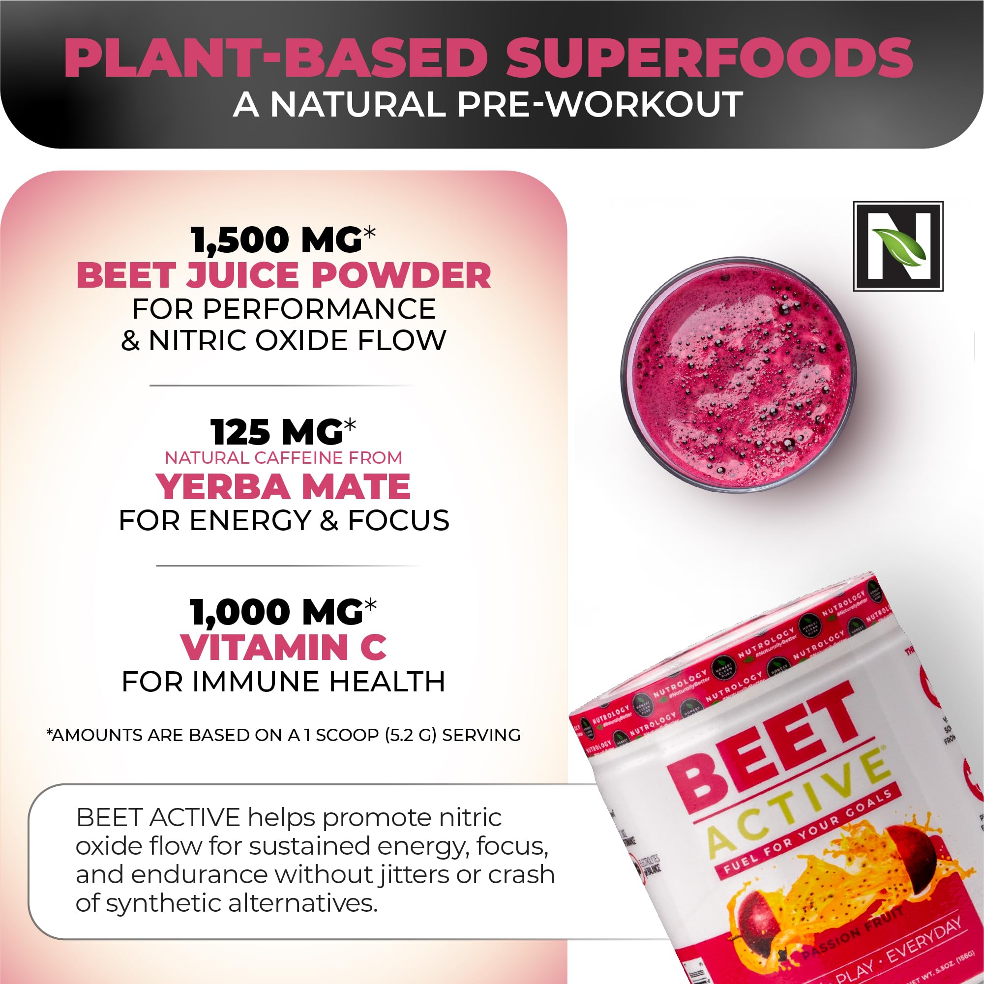 Nutrology Beet Active beet yerba mate ingredients detail antioxidant and caffeine energy.