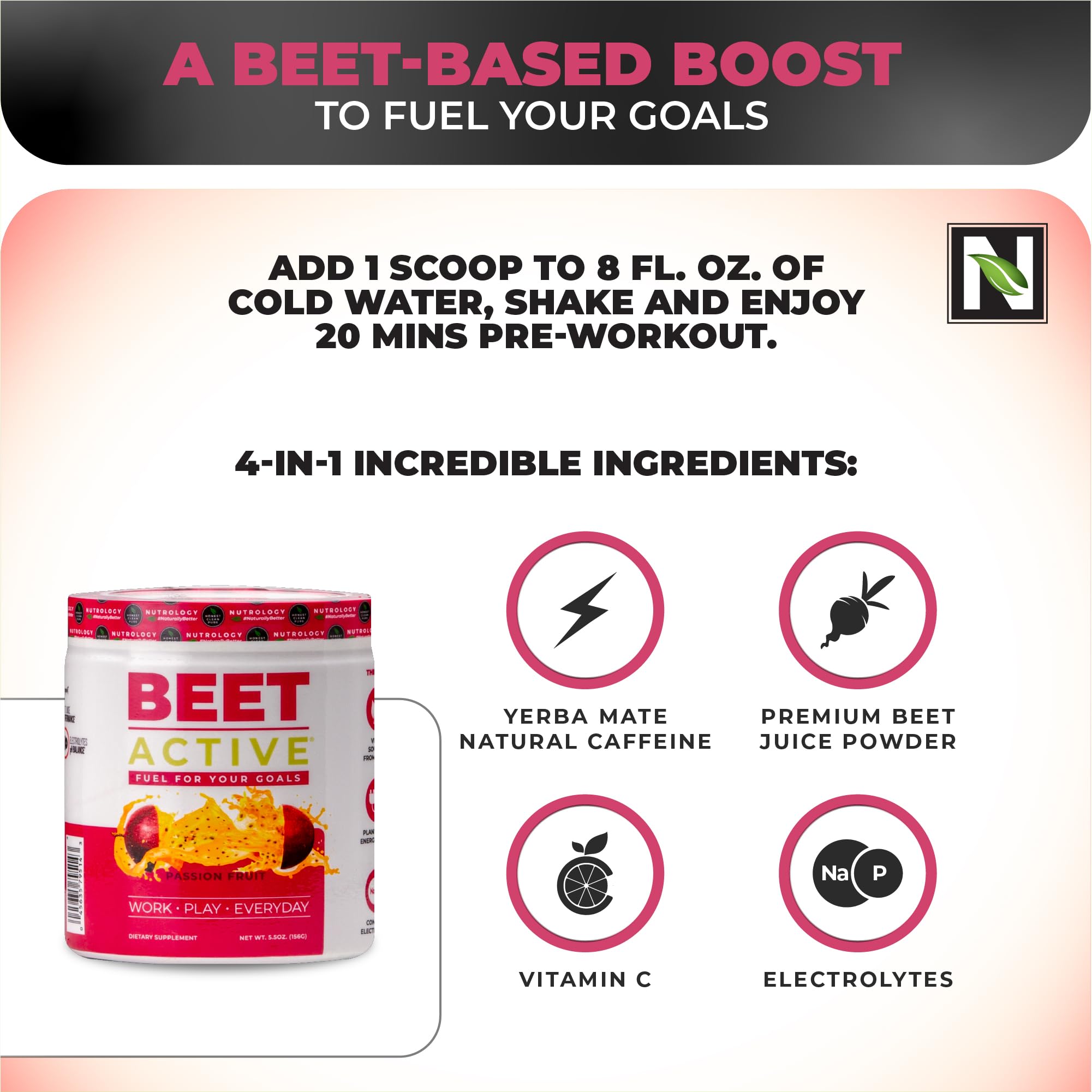 Nutrology Beet Active label closeup vegan gluten-free promise.