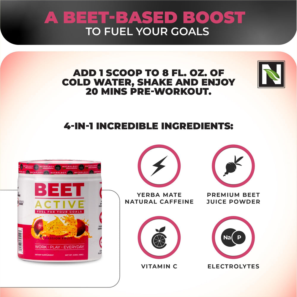 Nutrology Beet Active label closeup vegan gluten-free promise.