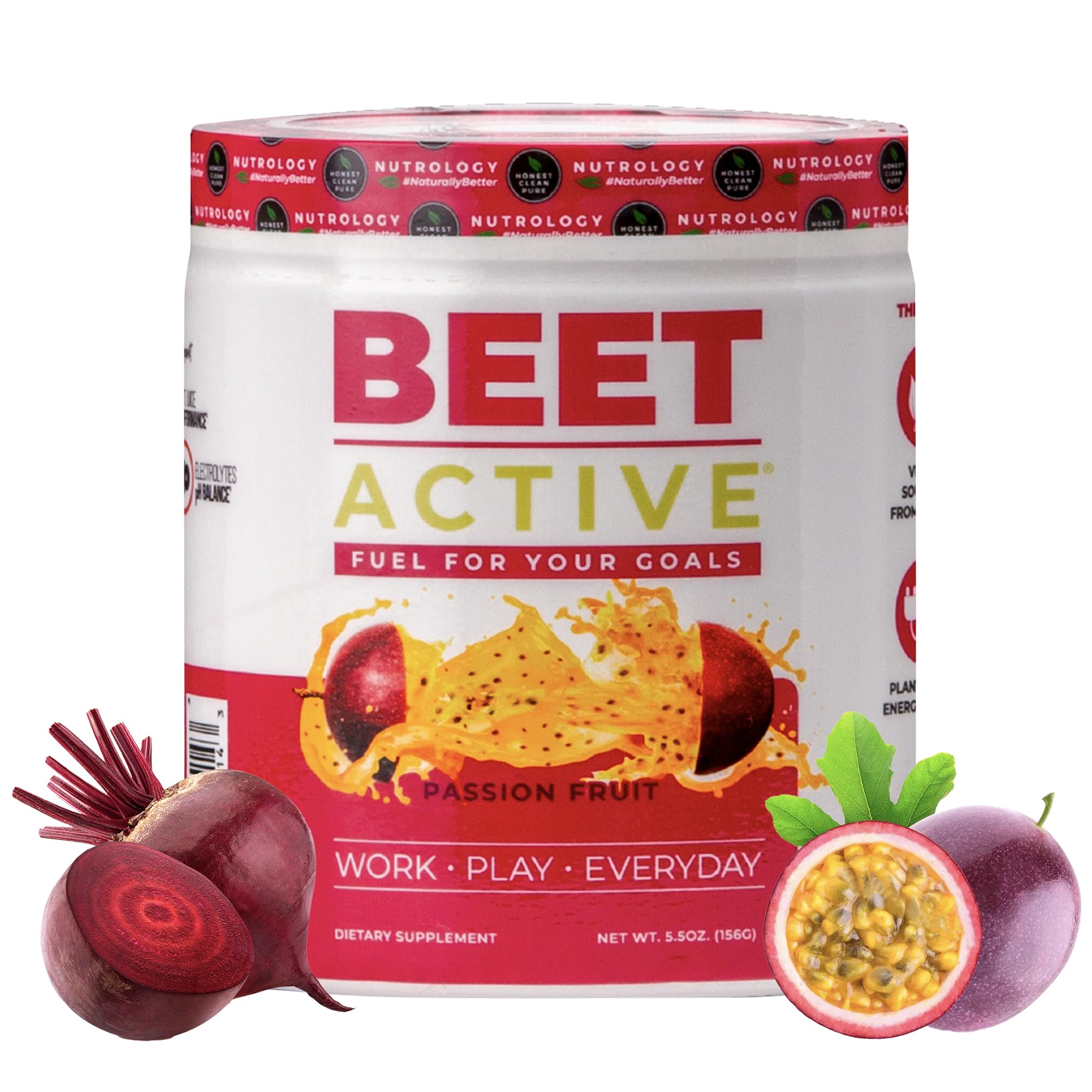 Nutrology Beet Active powder tub open pre-workout energy for workouts.