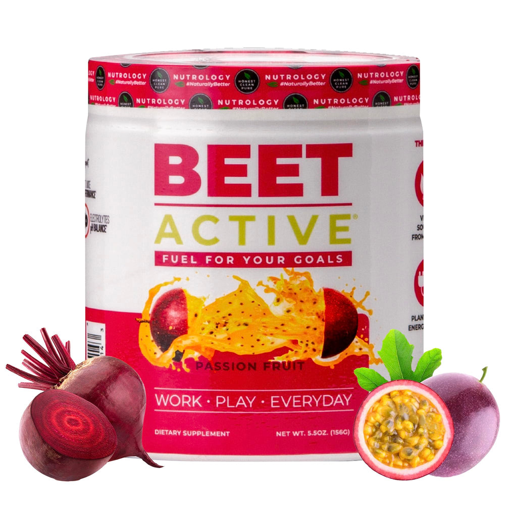 Nutrology Beet Active powder tub open pre-workout energy for workouts.