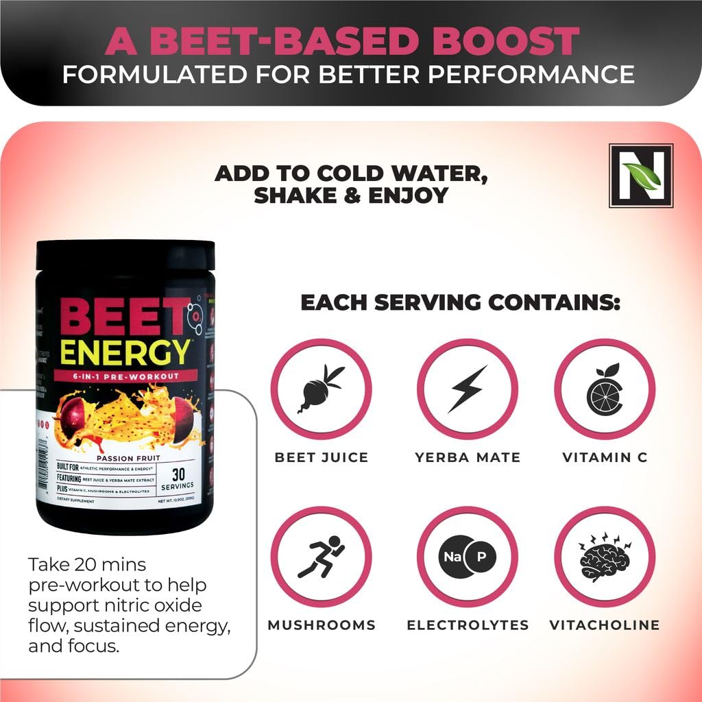 Nutrology Beet Energy O2 powder visual showcases passion fruit flavor and smooth mixability