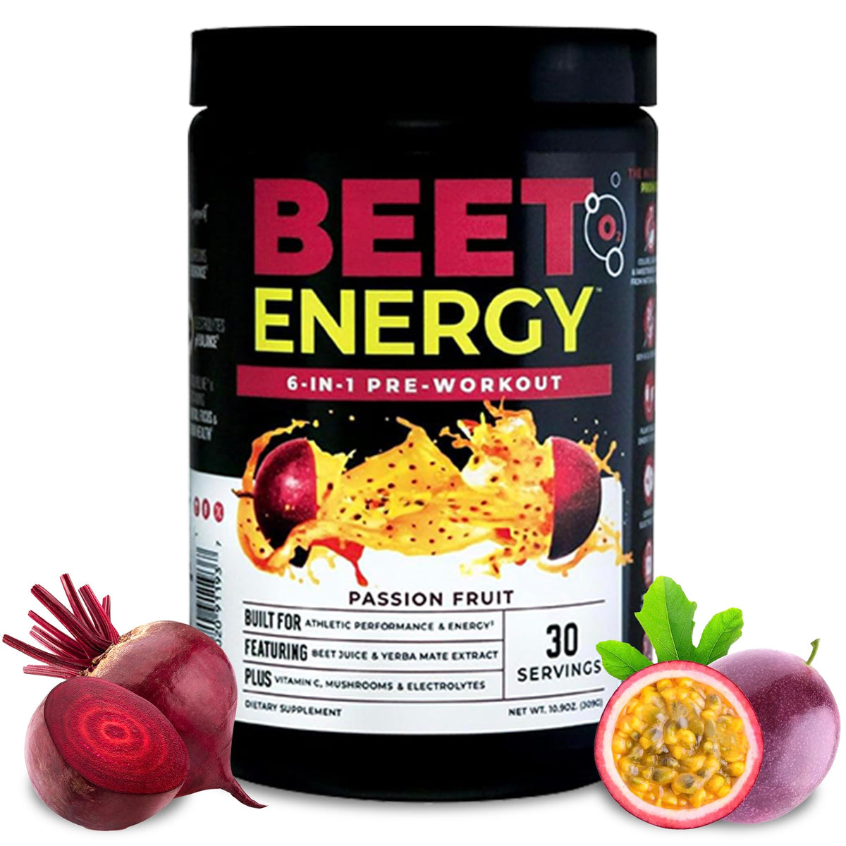 Nutrology Beet Energy O2 tub front shows vegan pre-workout energy boost for workouts
