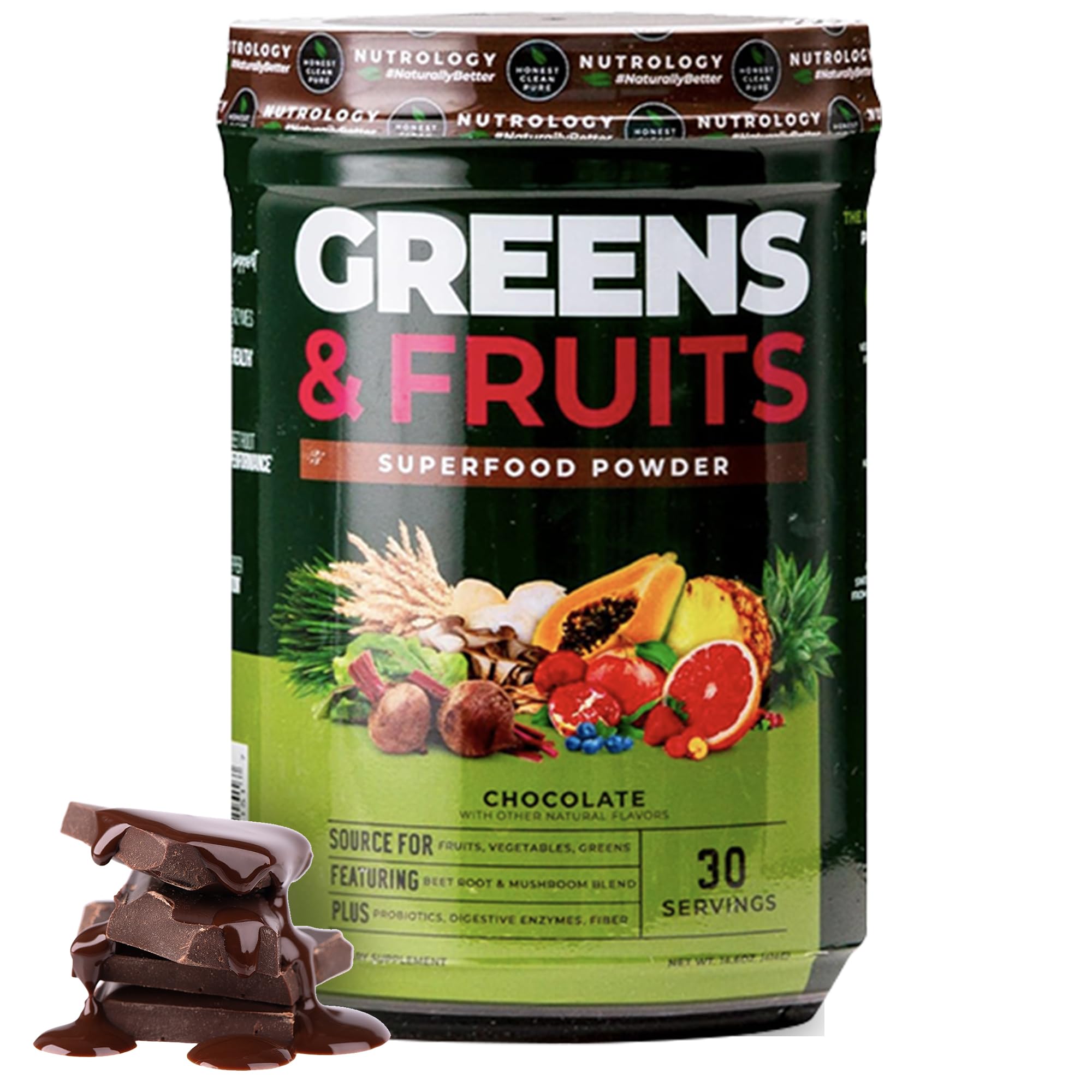 Nutrology Greens & Fruits Powder Chocolate flavor jar