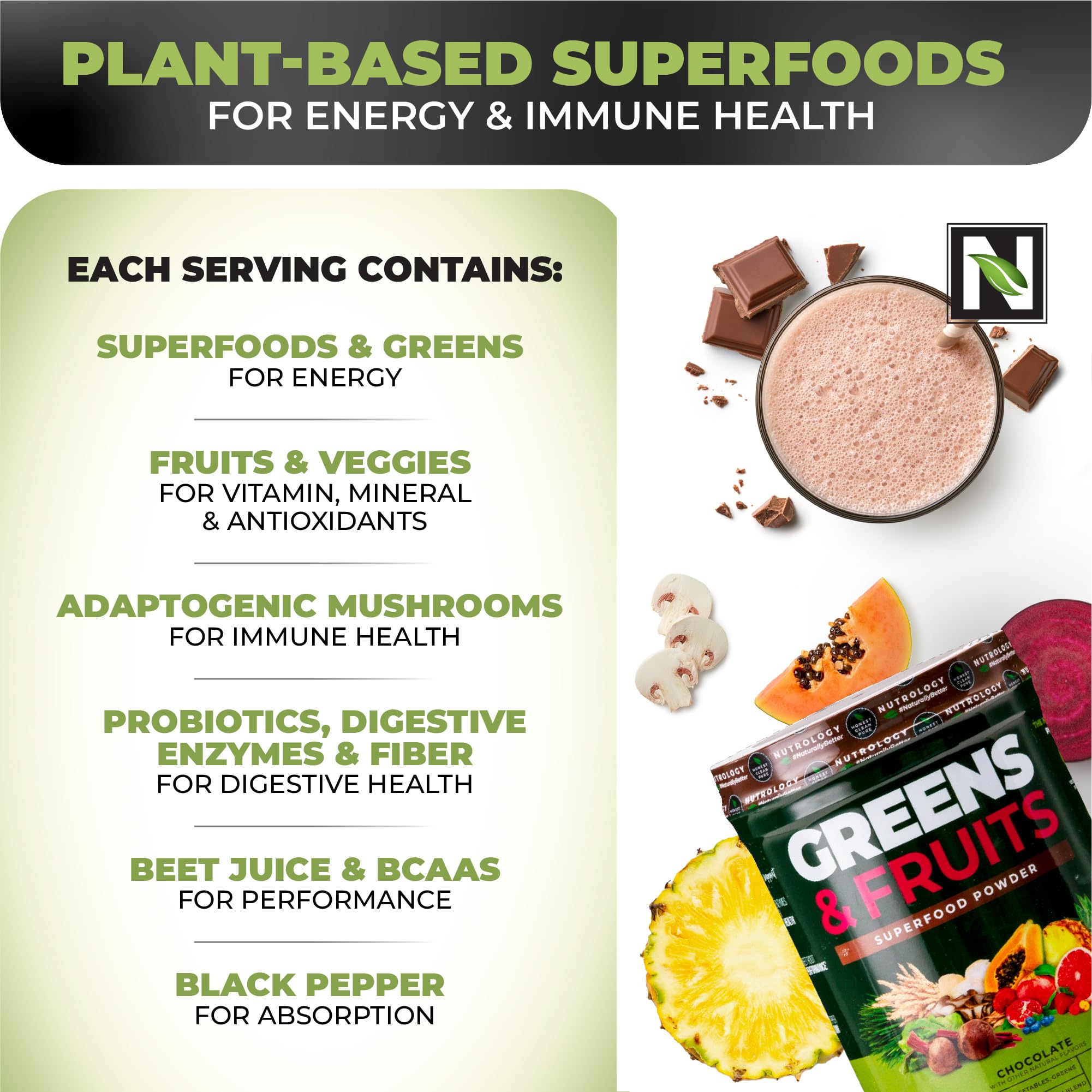 30 servings per container label on Nutrology Greens & Fruits Powder