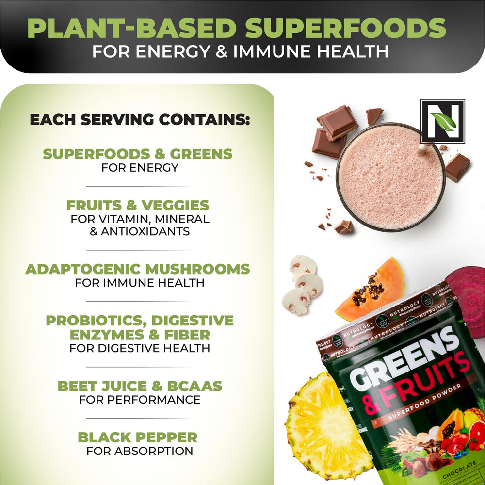 30 servings per container label on Nutrology Greens & Fruits Powder
