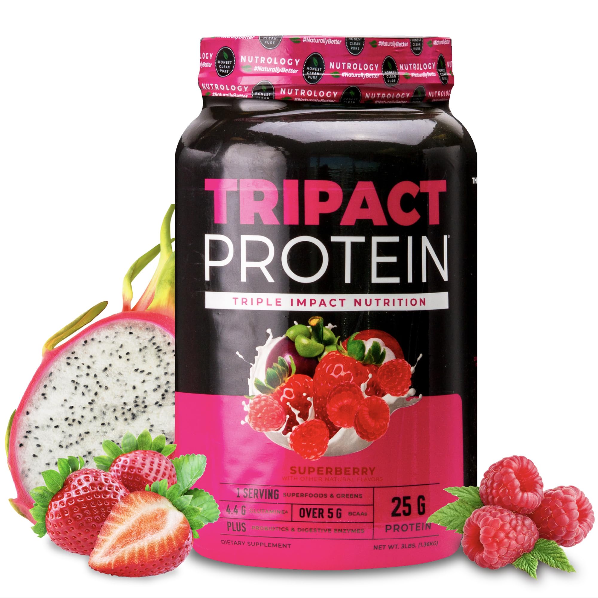 Nutrology TRIPACT bottle close-up highlights grass-fed whey blend for workouts and recovery.