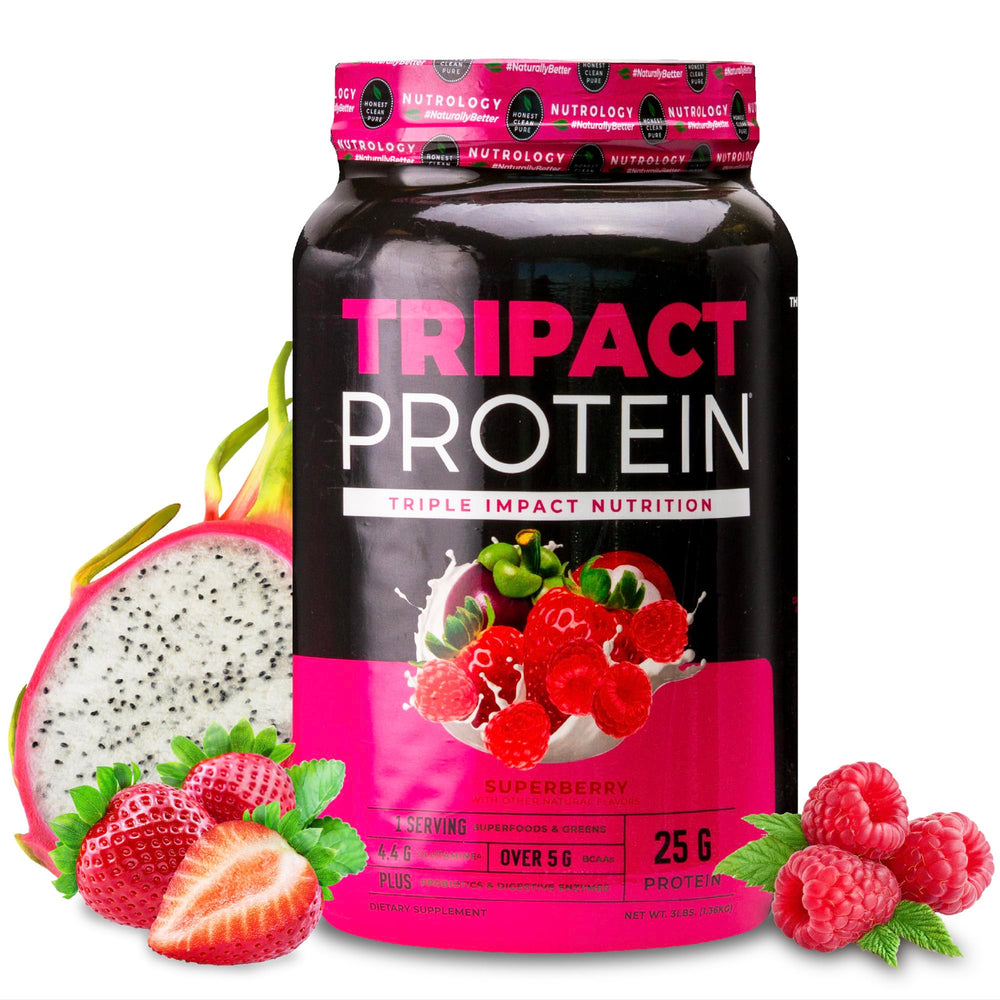 Nutrology TRIPACT bottle close-up highlights grass-fed whey blend for workouts and recovery.