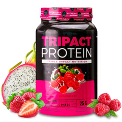 Nutrology TRIPACT bottle close-up highlights grass-fed whey blend for workouts and recovery.