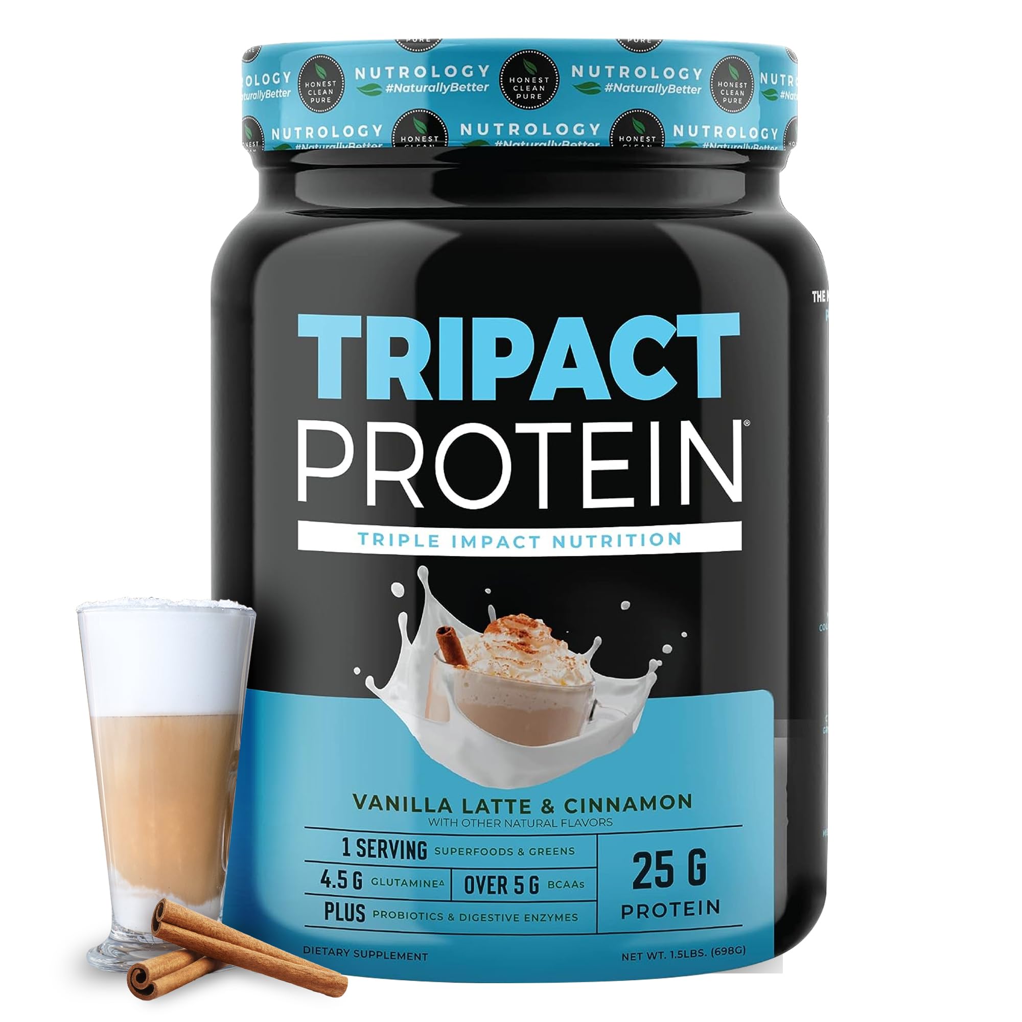 Nutrology TRIPACT bottle-vanilla-latte showing Vanilla Latte flavor protein shake for energy and recovery