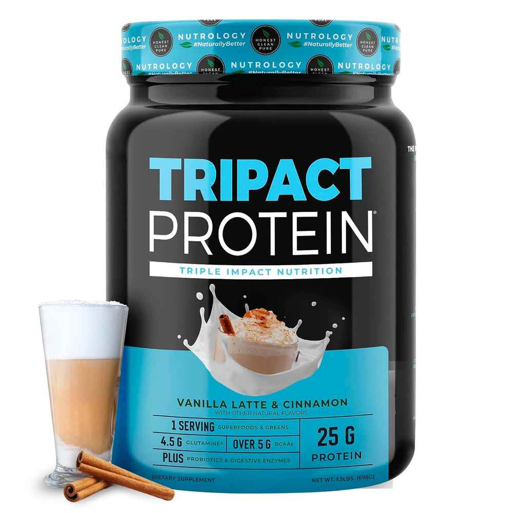 Nutrology TRIPACT bottle-vanilla-latte showing Vanilla Latte flavor protein shake for energy and recovery