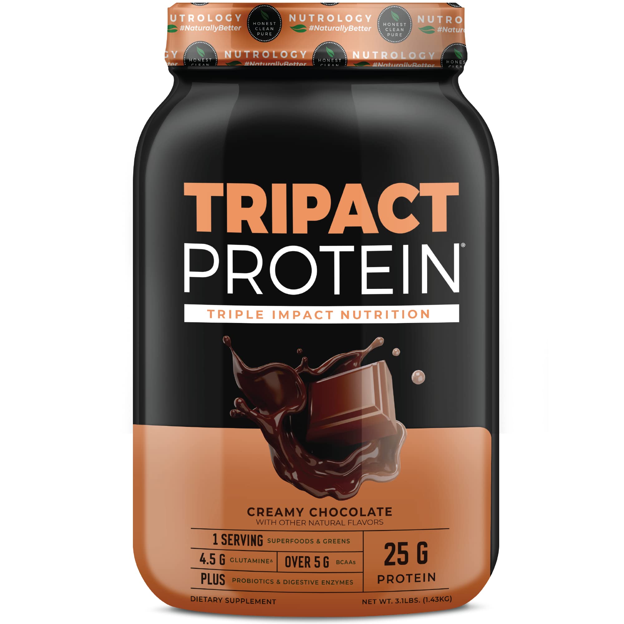 Nutrology TRIPACT creamy chocolate shake poured for post-workout recovery and flavor