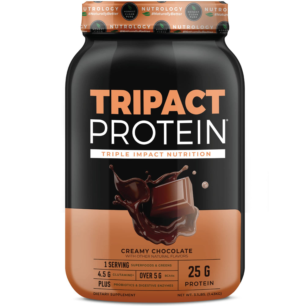 Nutrology TRIPACT creamy chocolate shake poured for post-workout recovery and flavor
