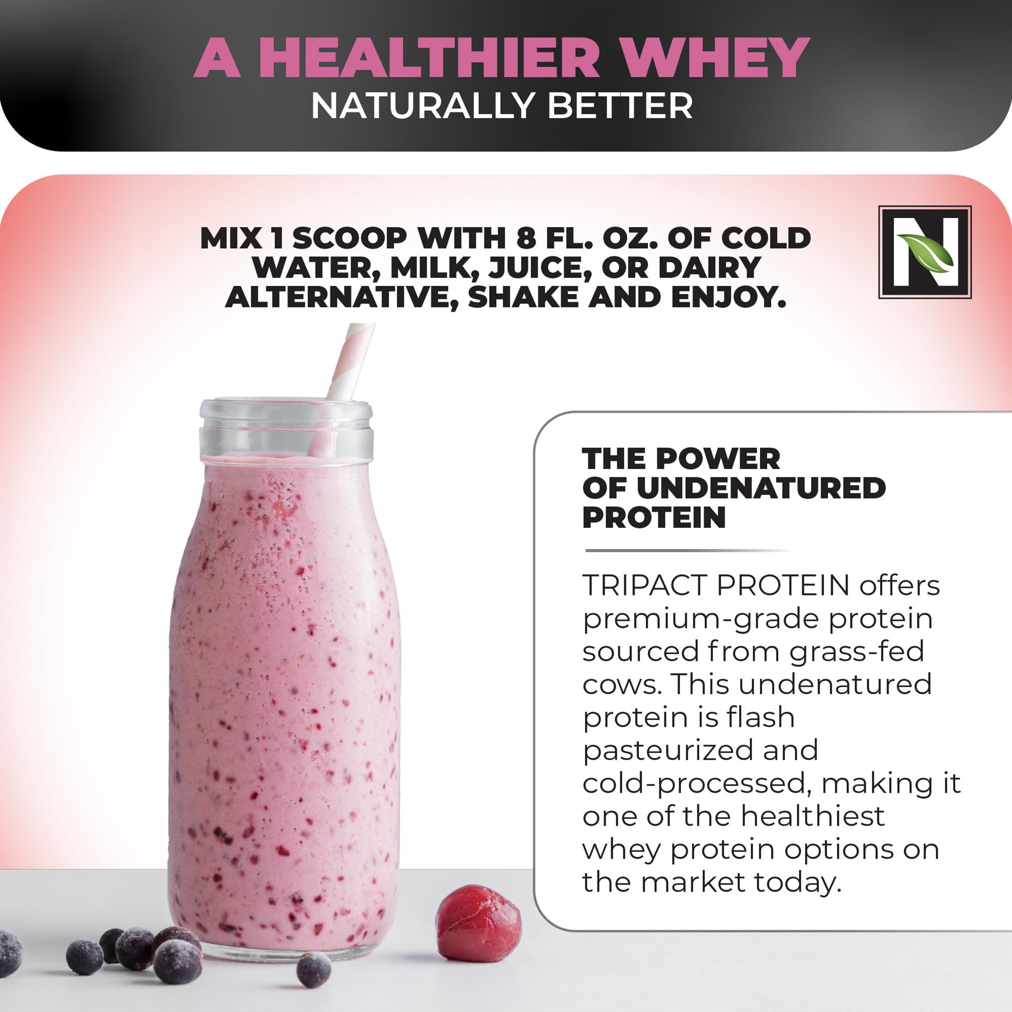 Nutrology TRIPACT ingredient panel highlights protein sources and superfoods included.