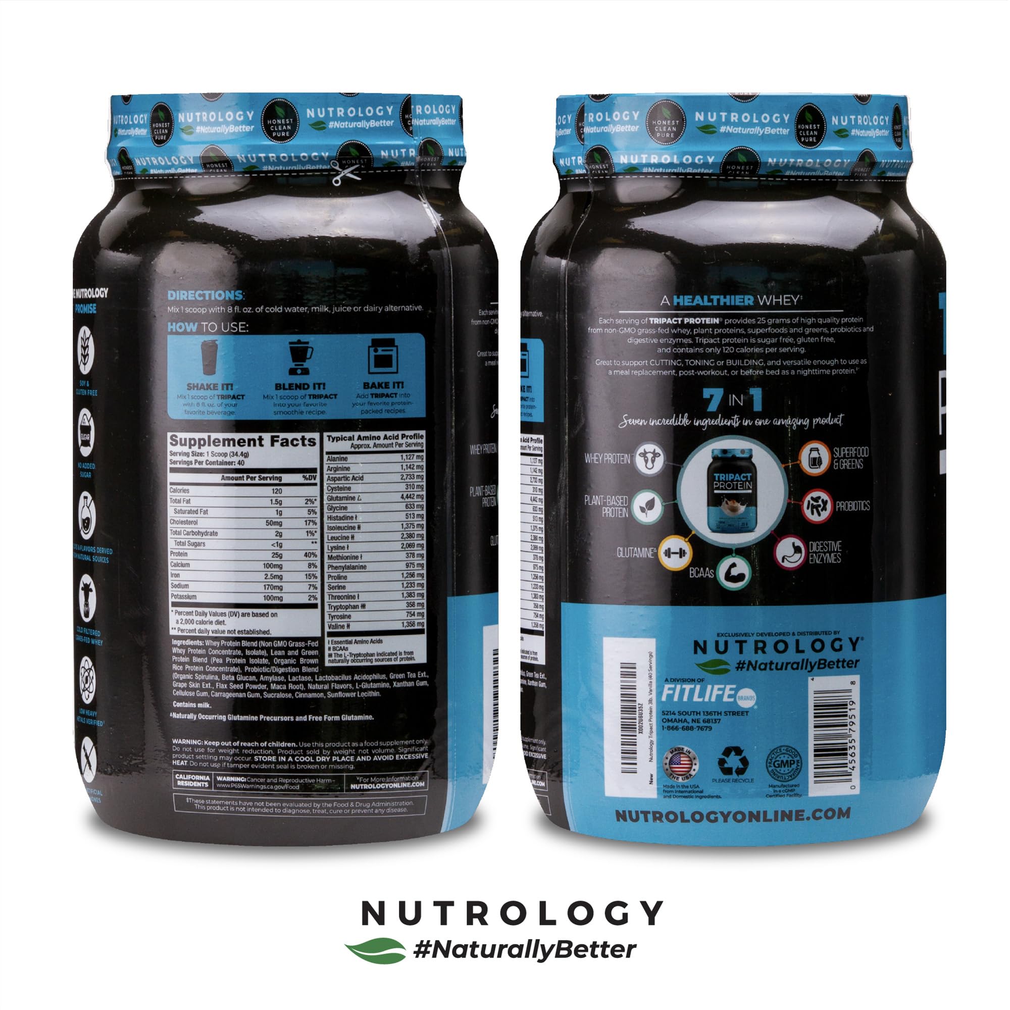 Nutrology Tripact no soy no gluten bottle signals a clean, allergen-conscious nutrition option