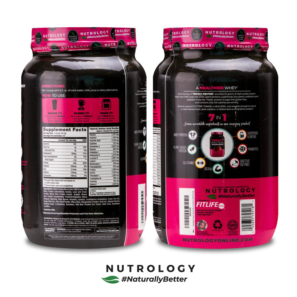 Nutrology TRIPACT pre/post-workout scene demonstrates versatile use cases.